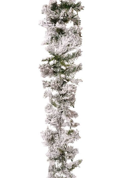 9 Ft Flocked Balsam Garland W/ Clear Lights Snow Green