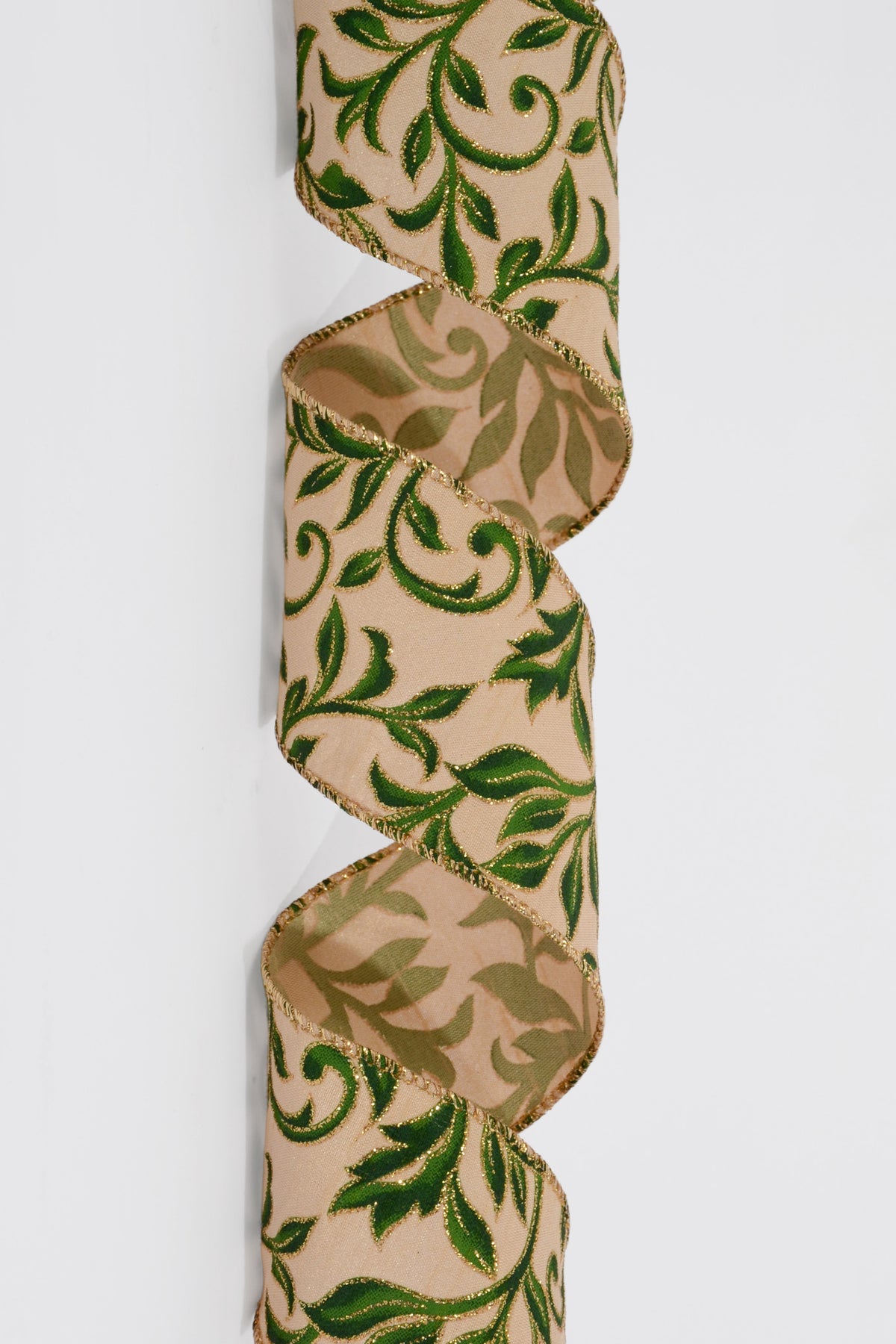 2.5" X 10Yds Wired Gold Dupioni/Dark Green Vine Swirls Ribbon