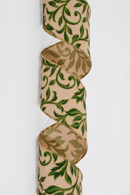 2.5" X 10Yds Wired Gold Dupioni/Dark Green Vine Swirls Ribbon