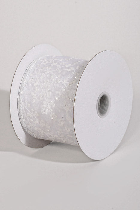 2.5" X 10Yds Wired Sheer Glittered Berry Branches Ribbon White