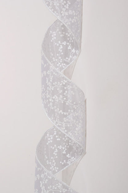 2.5" X 10Yds Wired Sheer Glittered Berry Branches Ribbon White