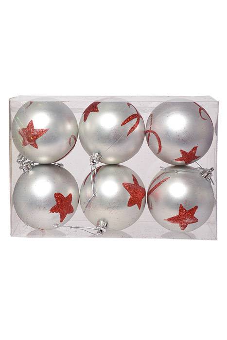 80mm Matt Plastic Ball W/red Glitter Star Silver/red Bx/6