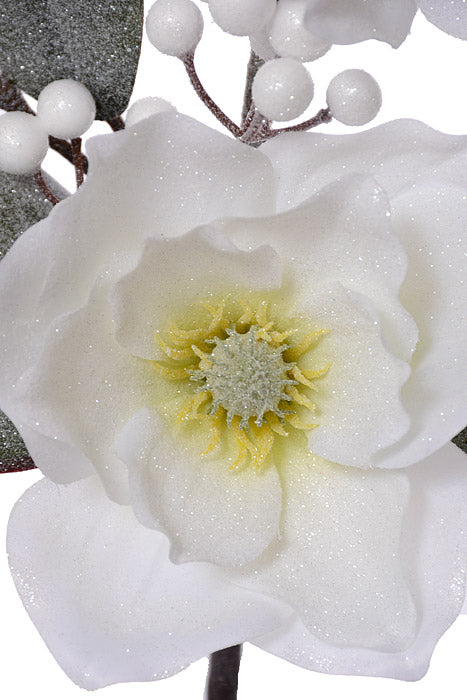 25" Glitter Magnolia Berry Spray White