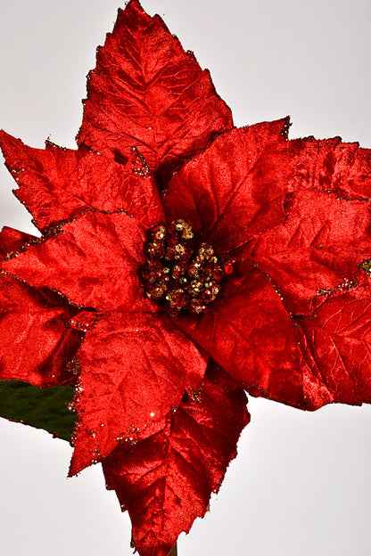 23" Velvet Poinsettia with Glitter Stem Red