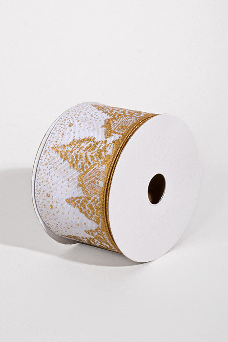 2.5" X 10Yds Wired Linen Cabins-Trees W/Glitter Snow Ribbon White/Gold