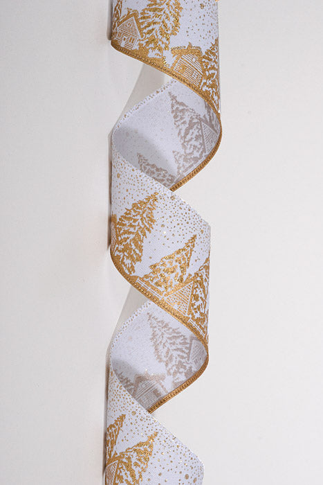 2.5" X 10Yds Wired Linen Cabins-Trees W/Glitter Snow Ribbon White/Gold