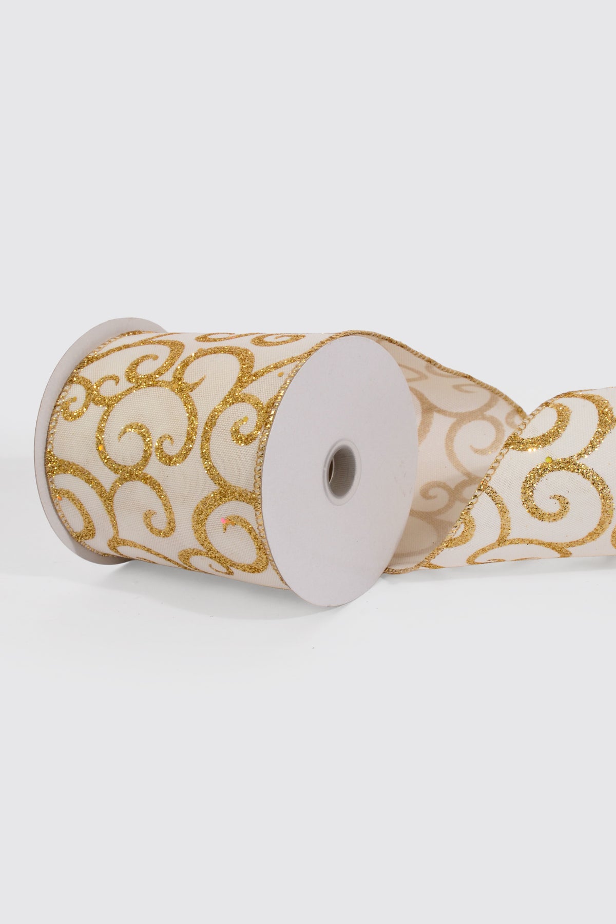 4" X 10Yds Wired Linen/Big Gold Glitter Swirls Ribbon Ivory