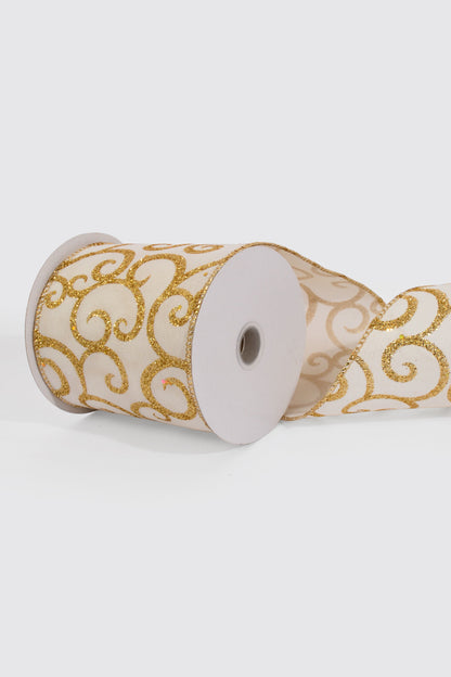4" X 10Yds Wired Linen/Big Gold Glitter Swirls Ribbon Ivory