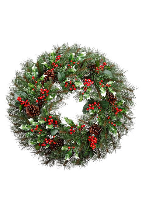 30" Holly/Berry/Cone/Pine Wreath Red/Brown