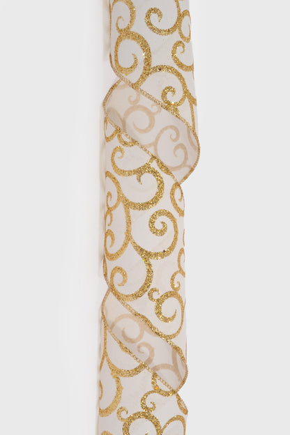 4" X 10Yds Wired Linen/Big Gold Glitter Swirls Ribbon Ivory