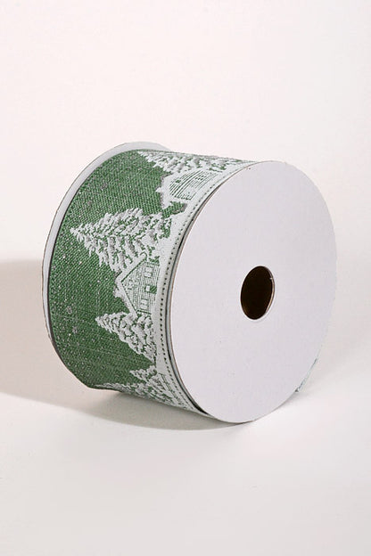 2.5" X 10Yds Wired Linen Cabins-Trees W/Glitter Snow Ribbon Sage/Silver
