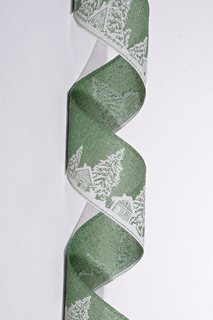 2.5" X 10Yds Wired Linen Cabins-Trees W/Glitter Snow Ribbon Sage/Silver