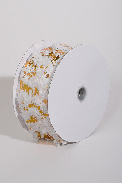 2.5" X 5Yds Wired Long Fur W/Gold Metallic Flakes Ribbon White