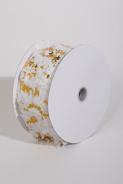 2.5" X 5Yds Wired Long Fur W/Gold Metallic Flakes Ribbon White