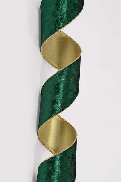 2.5" X 10Yds Wired Crushed Velvet/Gold Back Ribbon Hunter