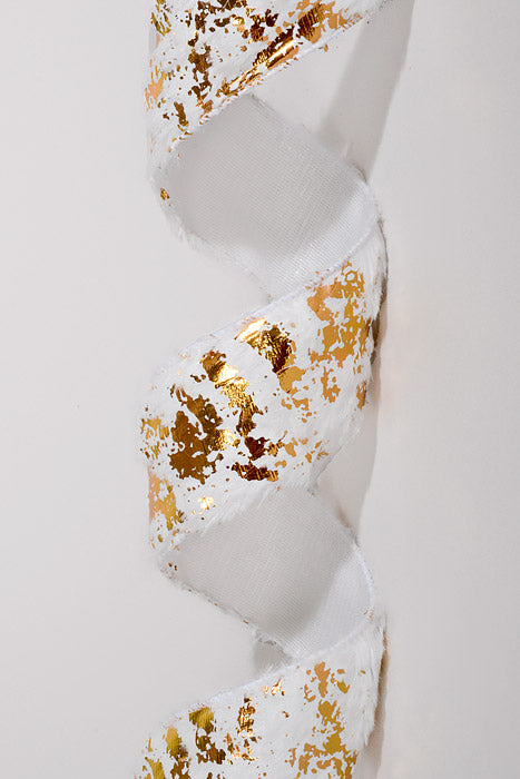 2.5" X 5Yds Wired Long Fur W/Gold Metallic Flakes Ribbon White