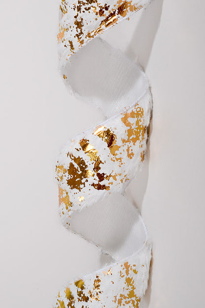 2.5" X 5Yds Wired Long Fur W/Gold Metallic Flakes Ribbon White