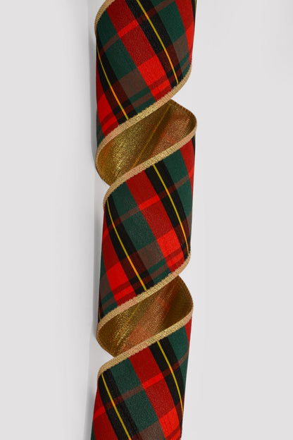 4" X 10Yds Wired Spencer Dupioni Plaid/Gold Metallic Back Ribbon