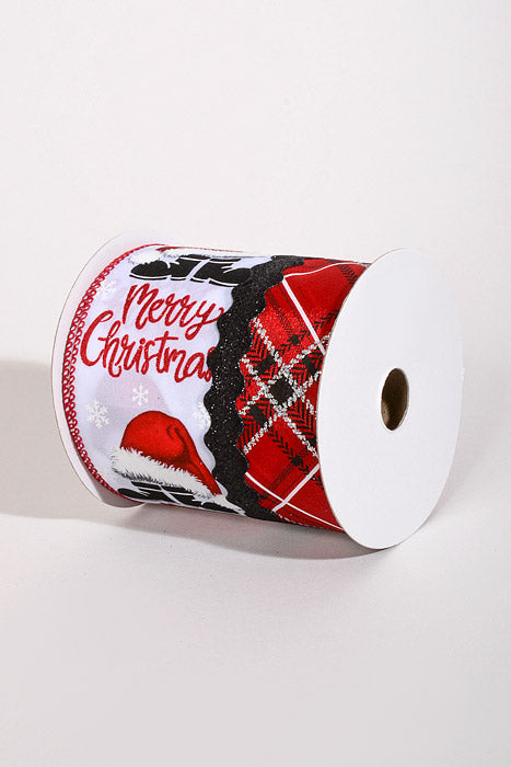 4" X 10Yds Wired Satin Plaid Ric Rac Center W/Santa Hat and Boot Ribbon Red/Black/White
