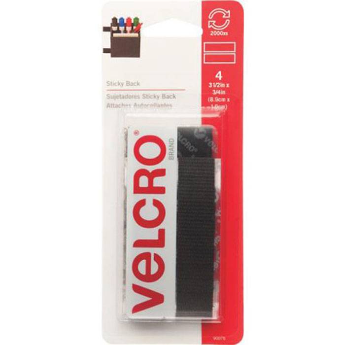 3.5" X 3/4" Velcro Strips W/sticky Back Black Pkg/4