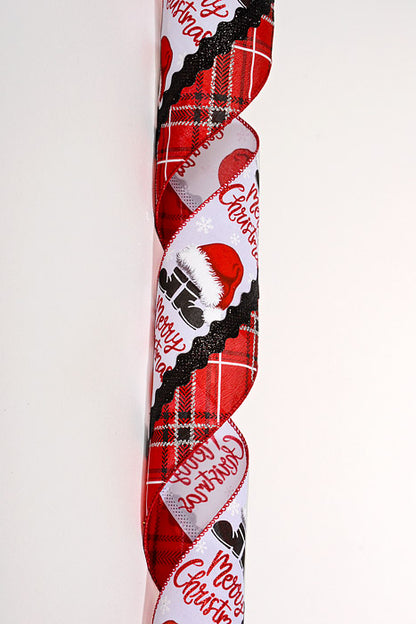 4" X 10Yds Wired Satin Plaid Ric Rac Center W/Santa Hat and Boot Ribbon Red/Black/White