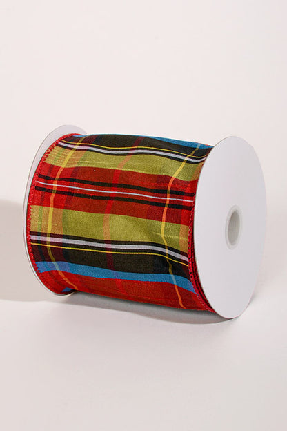4" X 10Yds Wired Dupion Tartan Plaid Ribbon Lime/Black/Red/Blue