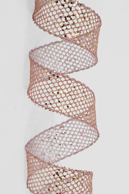 1.5" X 10Yds Wired Mega Glitter Net Ribbon Rose Gold