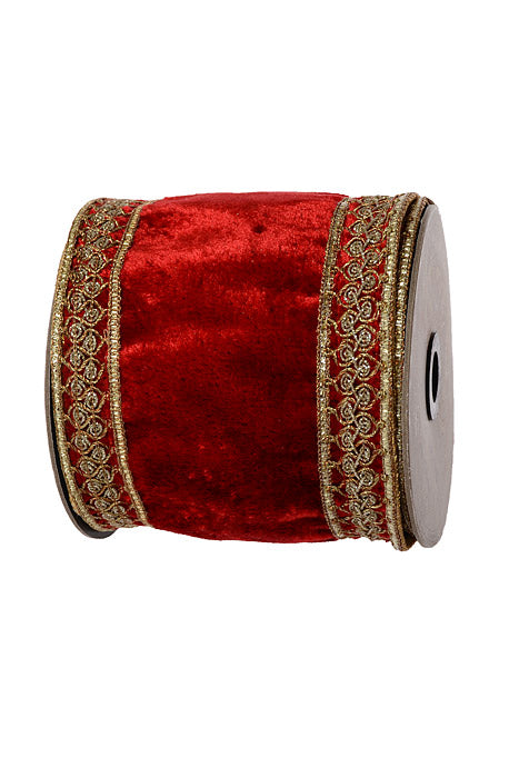 4" X 5Yds Wired Velvet Embroidery Gold Glitter Ribbon Red