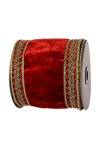 4" X 5Yds Wired Velvet Embroidery Gold Glitter Ribbon Red