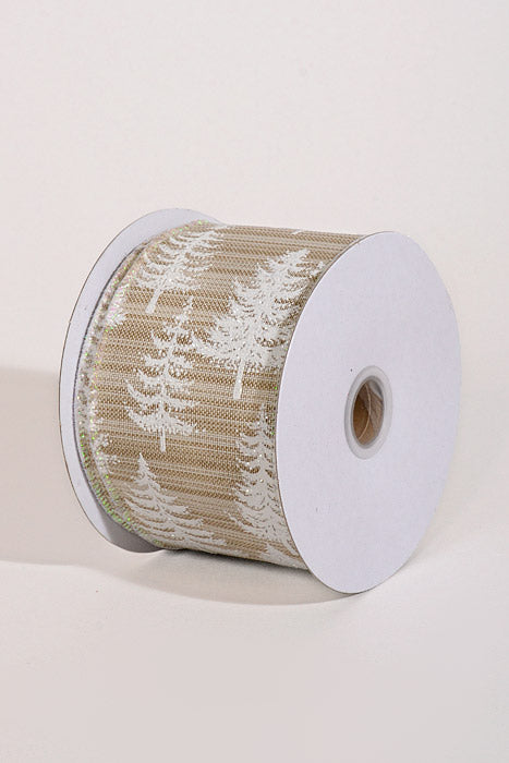 2.5" X 10Yds Wired Linen Tweed Ombre W/White Glitter Trees Ribbon Natural/White