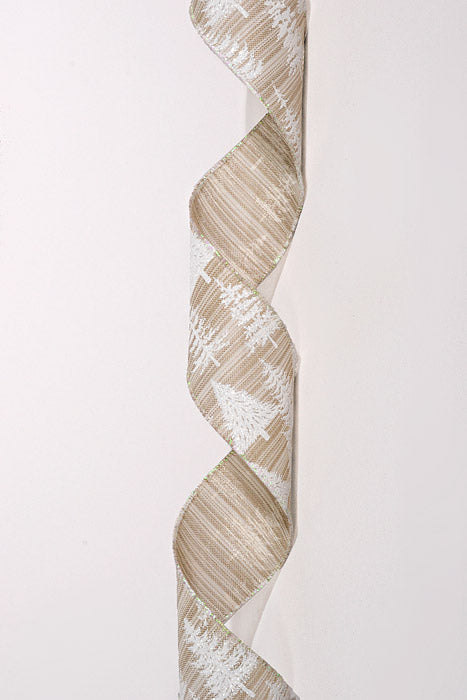 2.5" X 10Yds Wired Linen Tweed Ombre W/White Glitter Trees Ribbon Natural/White