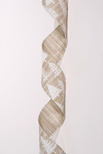 2.5" X 10Yds Wired Linen Tweed Ombre W/White Glitter Trees Ribbon Natural/White