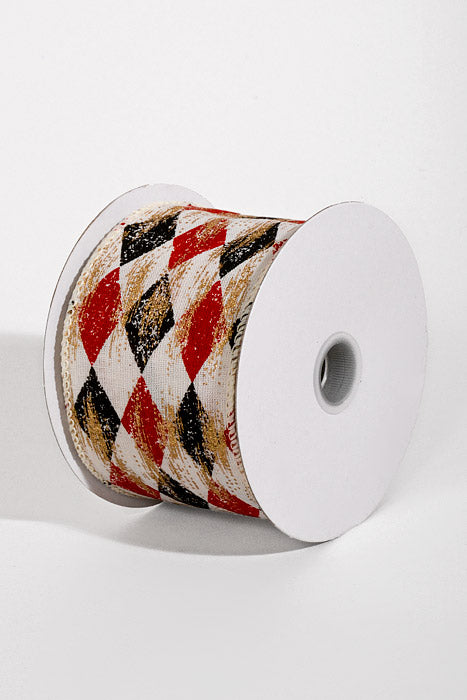 2.5" X 10Yds Wired Canvas Faded Harlequin Gold Metallic Ribbon Cream/Black/Red