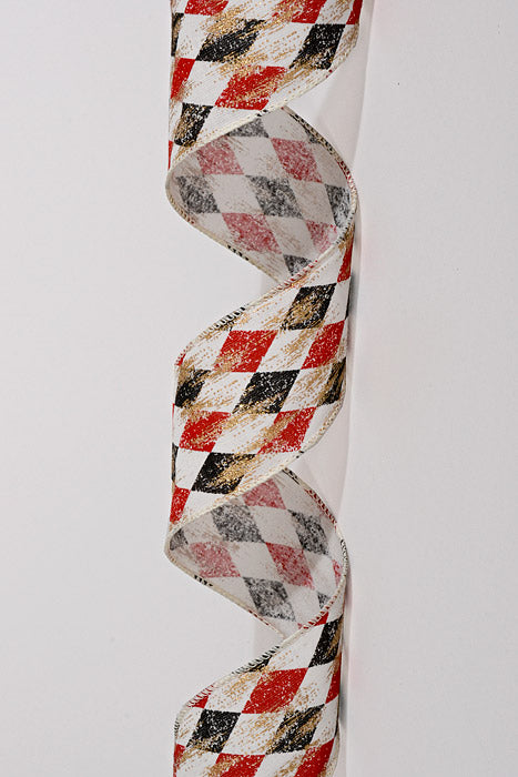2.5" X 10Yds Wired Canvas Faded Harlequin Gold Metallic Ribbon Cream/Black/Red