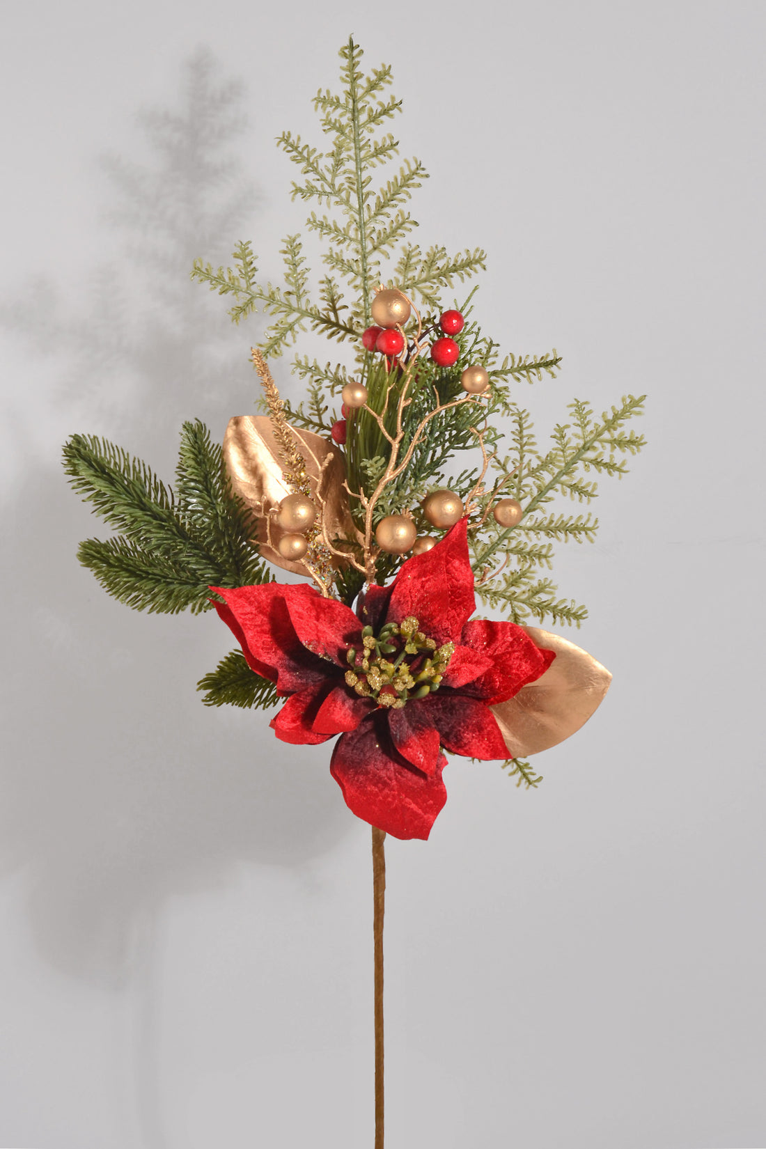 30" Glitter Poinsettia/Berry/Pine Spray Red/Gold