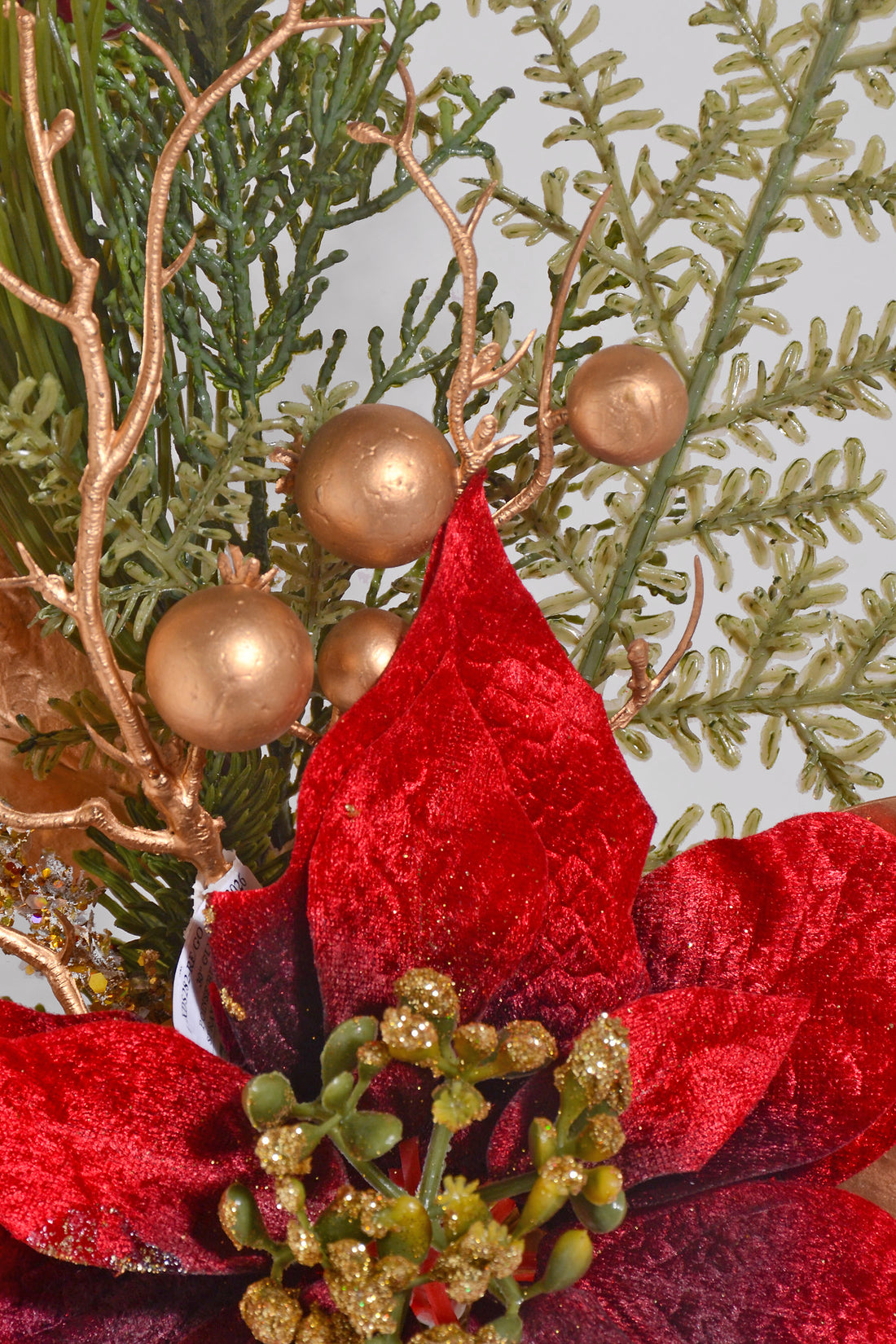 30" Glitter Poinsettia/Berry/Pine Spray Red/Gold