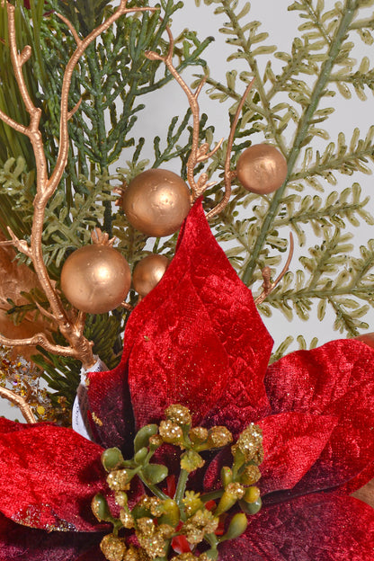 30" Glitter Poinsettia/Berry/Pine Spray Red/Gold
