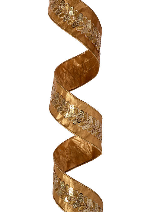 2.5" X 5Yds Wired Metallic Dupion Embellished Leaf Ribbon Gold