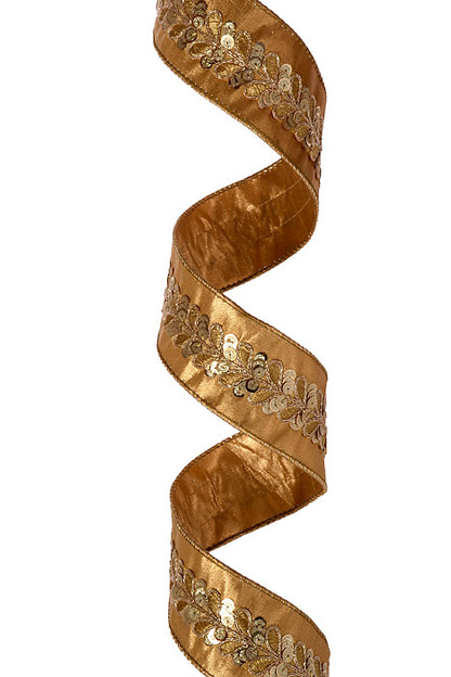 2.5" X 5Yds Wired Metallic Dupion Embellished Leaf Ribbon Gold