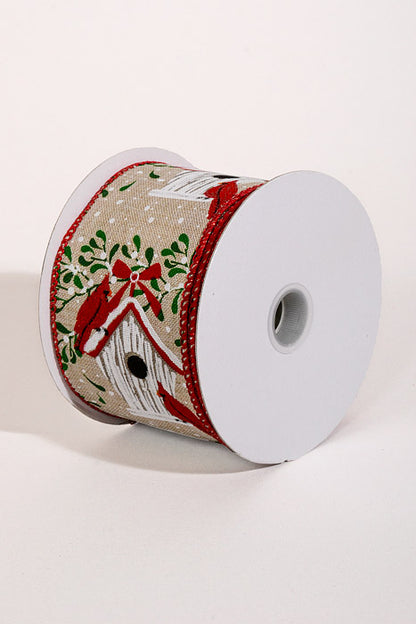 2.5" X 10Yds Wired Linen Cardinal-Birdhouse Ribbon Light Natural/Red