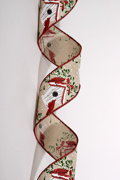 2.5" X 10Yds Wired Linen Cardinal-Birdhouse Ribbon Light Natural/Red