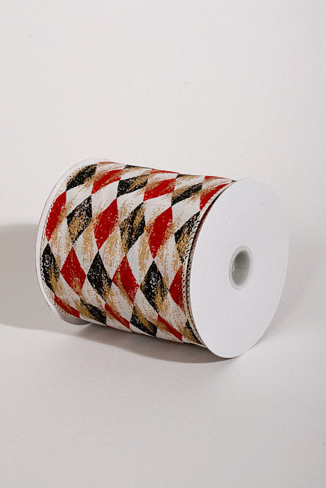 4" X 10Yds Wired Canvas Faded Harlequin Gold Metallic Ribbon Cream/Black/Red