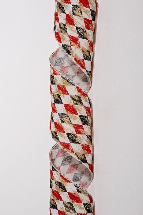 4" X 10Yds Wired Canvas Faded Harlequin Gold Metallic Ribbon Cream/Black/Red