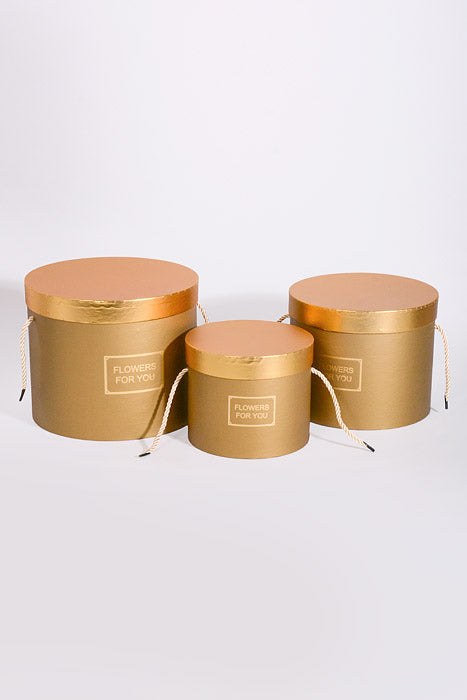 6.5"/8"/9" Round Gift Box W/Gold Lid Ribbon Gold Set/3