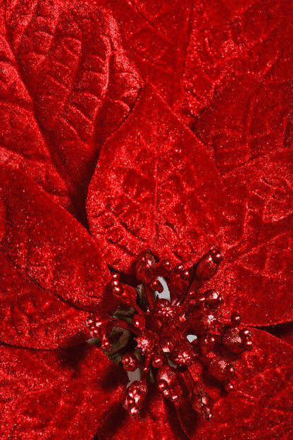 10" Velvet Poinsettia With Clip Red
