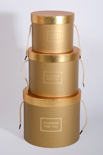 6.5"/8"/9" Round Gift Box W/Gold Lid Ribbon Gold Set/3