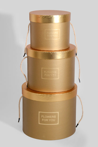 6.5"/8"/9" Round Gift Box W/Gold Lid Ribbon Gold Set/3