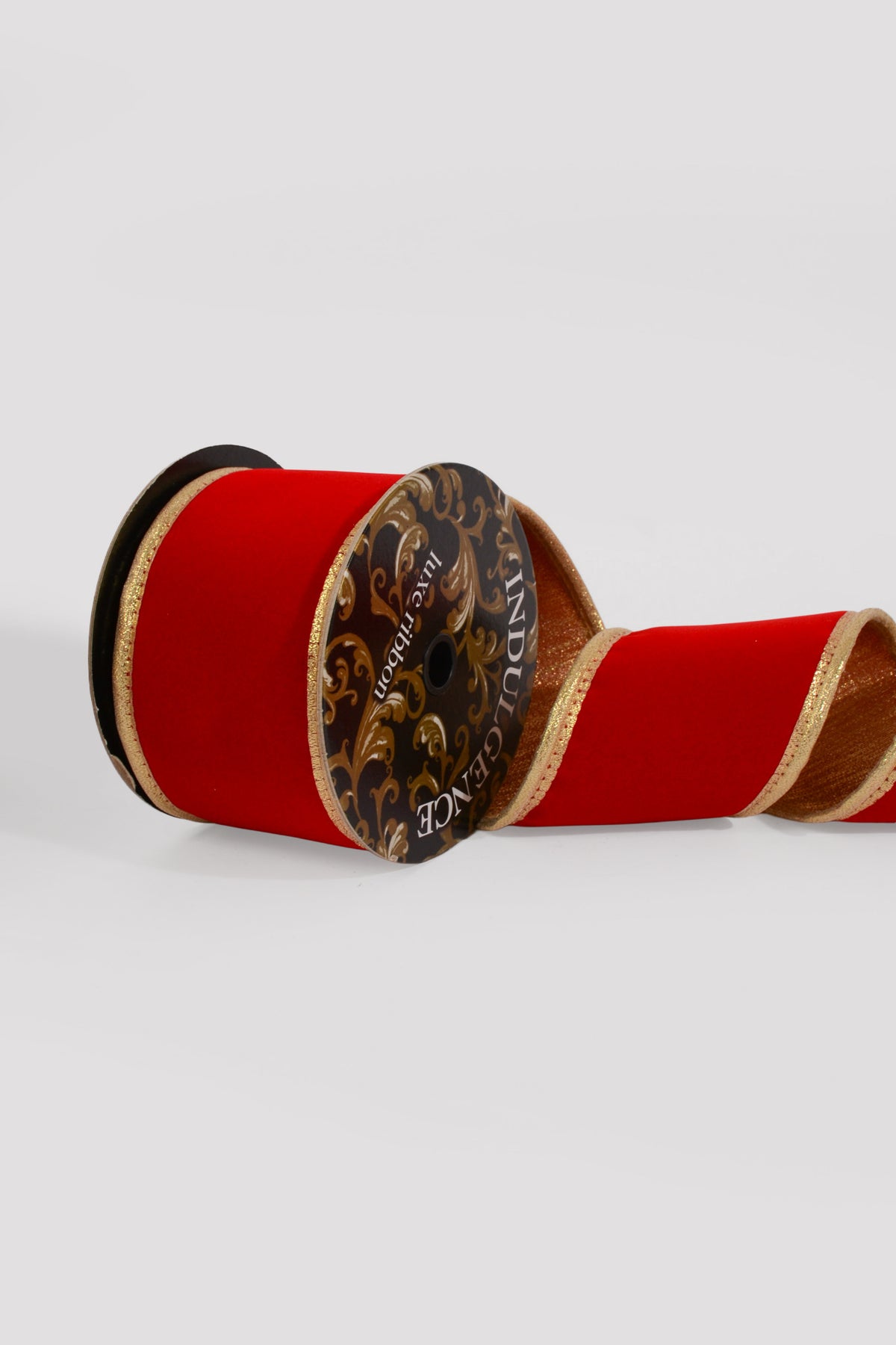 4" X 5Yds Wired Thick Flat Red Velvet/Puffy Edge Ribbon Gold Metallic Back
