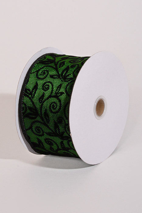 2.5" X 10Yds Wired Metallic Moss Honeycomb W/Flocked Swirls Ribbon Black