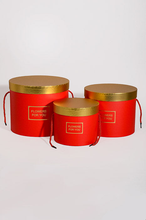 6.5"/8"/9" Round Gift Box W/Gold Lid Ribbon Red Set/3